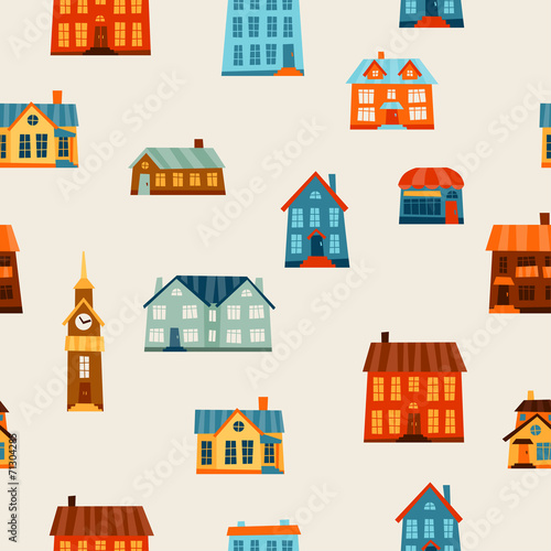 Town seamless pattern with cute colorful houses.