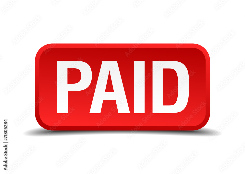 Paid red 3d square button isolated on white Paid red 3d square button isolated on white