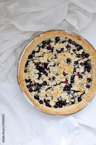Black currant and almond pie, selective focus