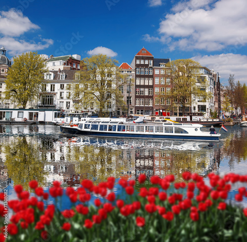 Amsterdam with boat on main canal against red tulips, Holland