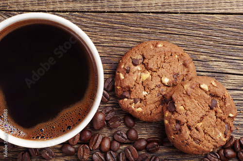 Closeup coffee and chocolate cookies