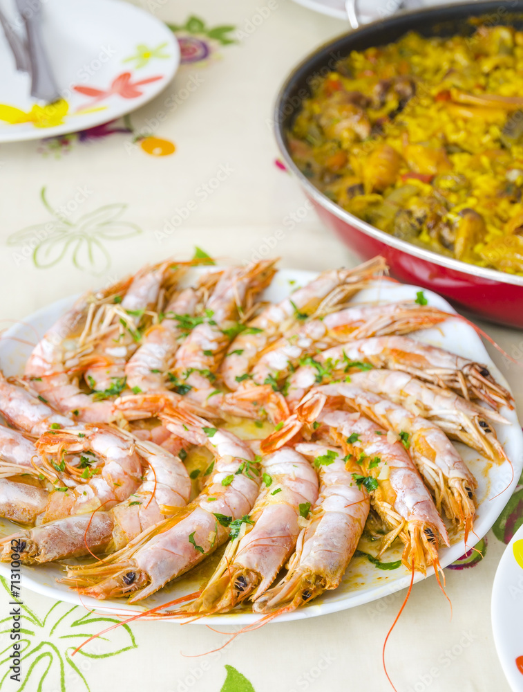 Roasted or grilled shrimps on a plate