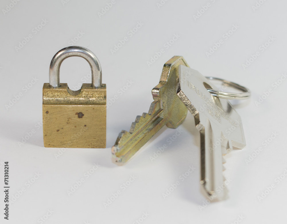 Lock and keys on white background