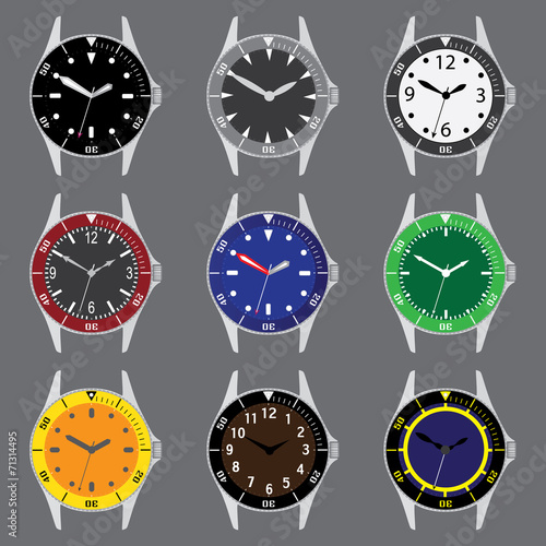 various color divers watch case and dials with hands eps10