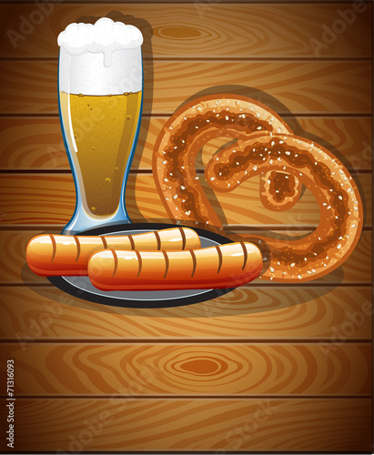 Beer glass, pretzel and sausages