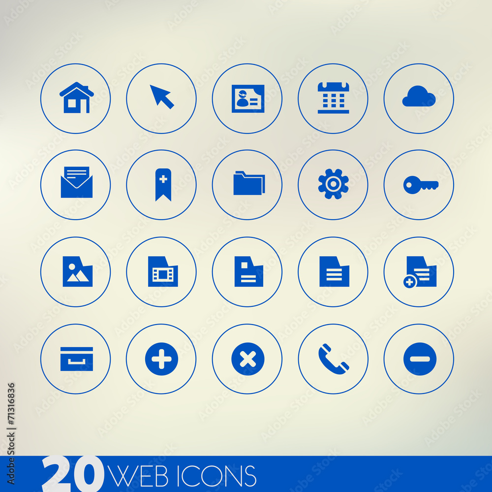Thin simple web blue icons on light background