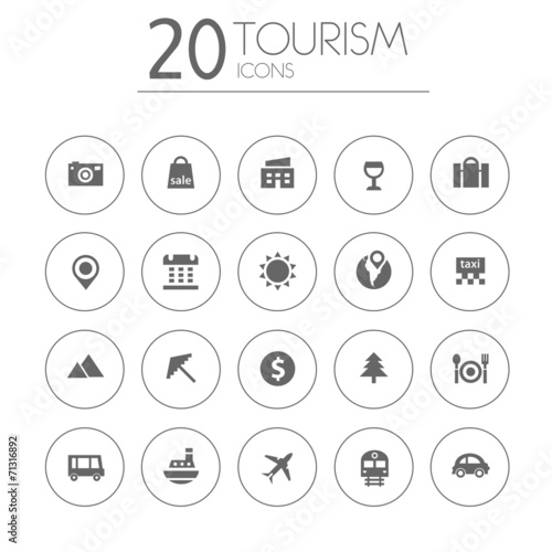 Simple thin tourism icons collection on white background