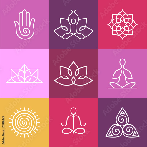 Vector yoga icons and round line signs