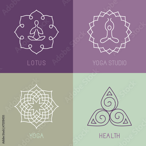 Vector yoga icons and round line badges