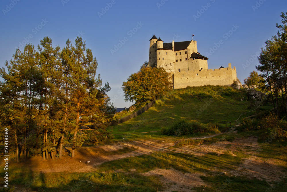 Autumn view of the beauty medieval castle in Bobolice, Poland