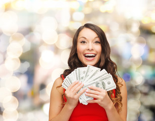 woman in red dress with us dollar money