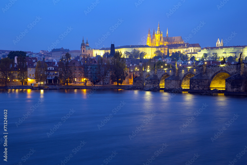View of Charles Bridge and Castle in Prague at night View of Charles Bridge and Castle in Prague at night