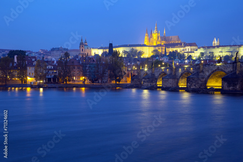View of Charles Bridge and Castle in Prague at night