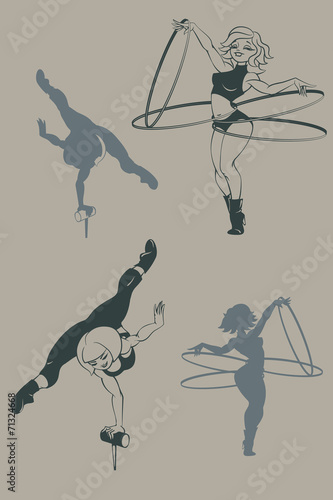 Pinup circus artist. silhouette, inkpen.