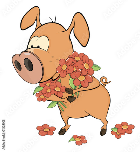 Pig and flowers. Cartoon