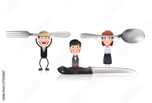 Business people with knife, fork and spoon. Vector design.
