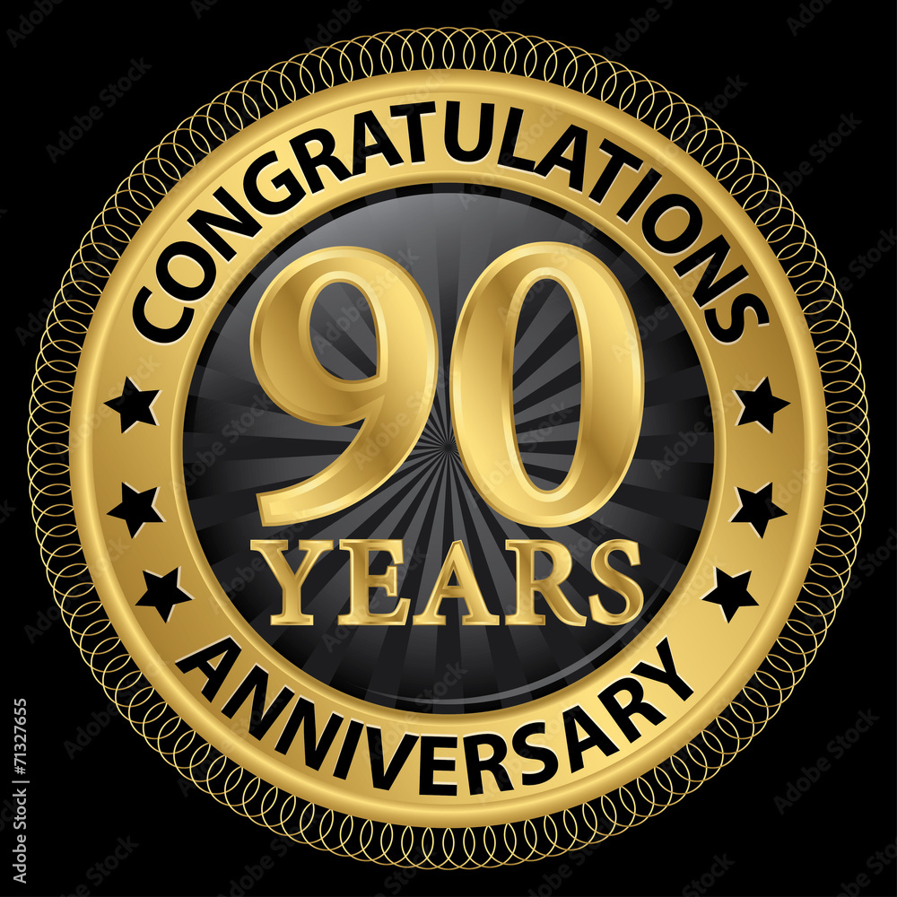 90 years anniversary congratulations gold label with ribbon, vec - obrazy, fototapety, plakaty 
