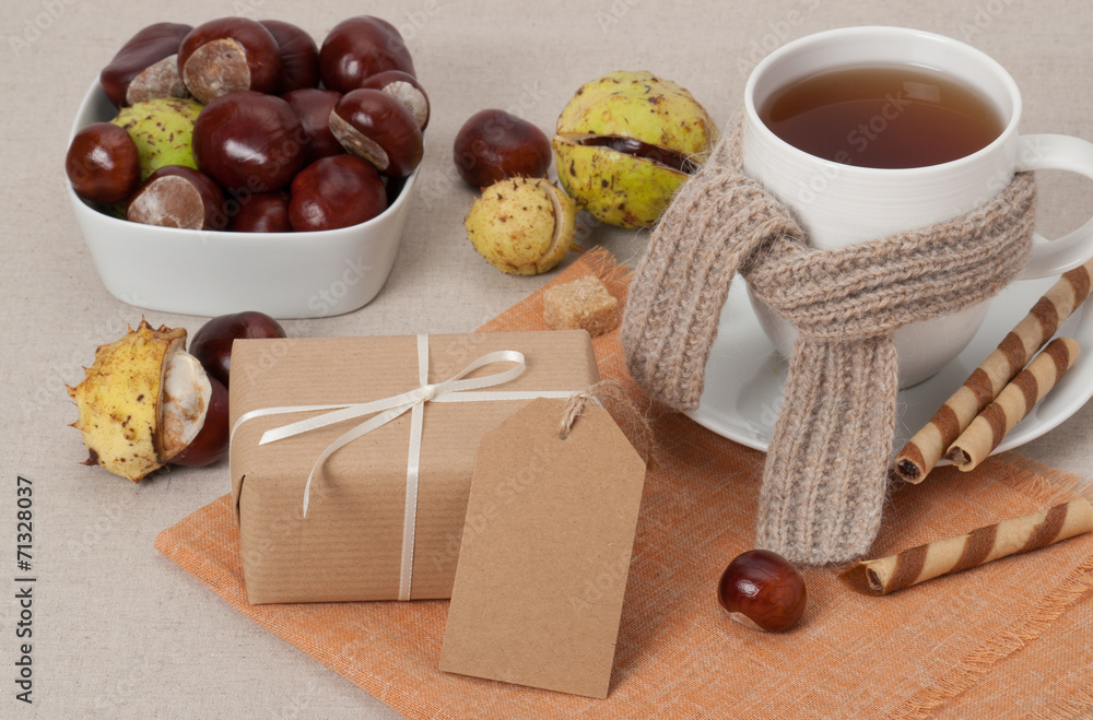 Gift Box With Blank Tag. Cup Of Hot Tea With Sweets. Chestnuts.