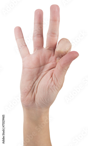 Female hand makes number three isolated on white background.