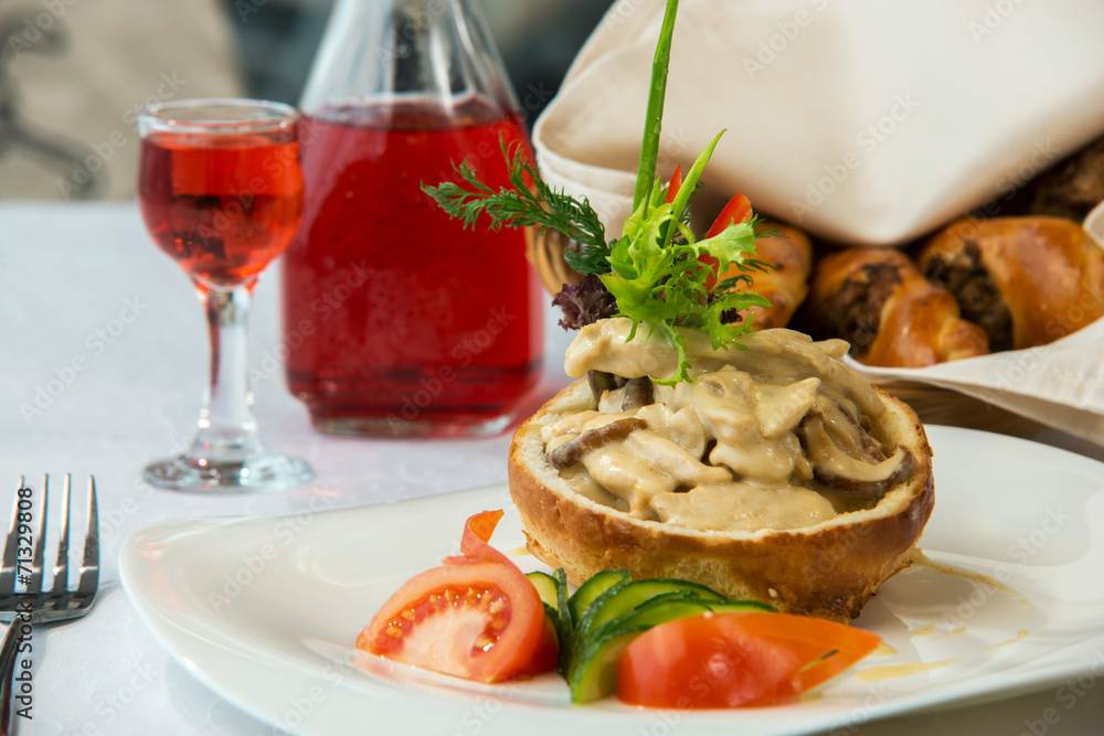 tasty dish with mushrooms in a restaurant tasty dish with mushrooms in a restaurant