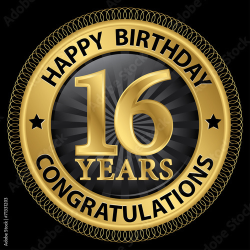 16 years happy birthday congratulations gold label, vector illus