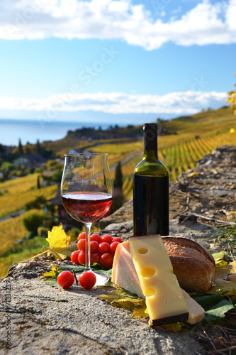 Fototapeta Naklejka Na Ścianę i Meble -  Red wine, cheese, bread and cherry tomatoes. Lavaux, Switzerland