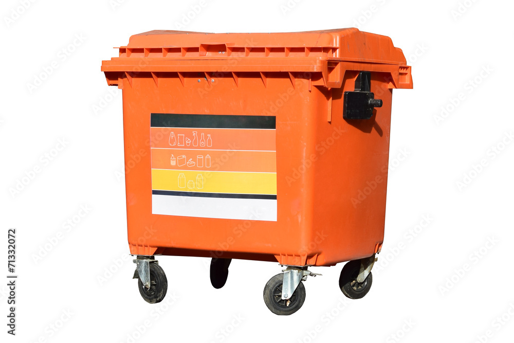 Orange trash can on wheels Orange trash can on wheels