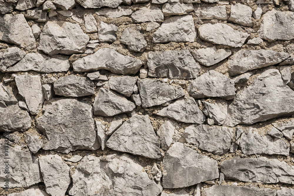 Wall of field stones, different shapes of stones.