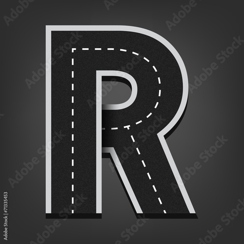 R letter. Road font
