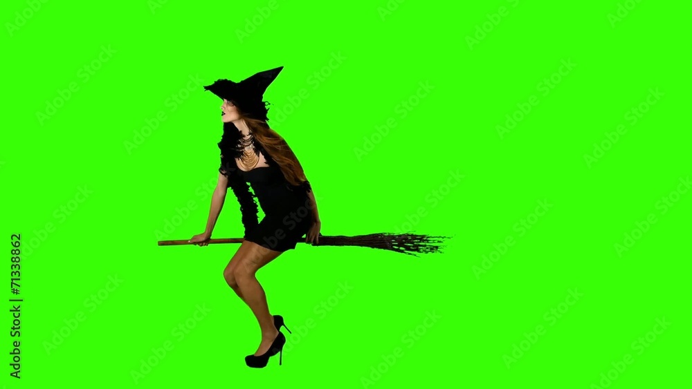 Halloween witch flying on a broomstick green screen Stock Video | Adobe ...