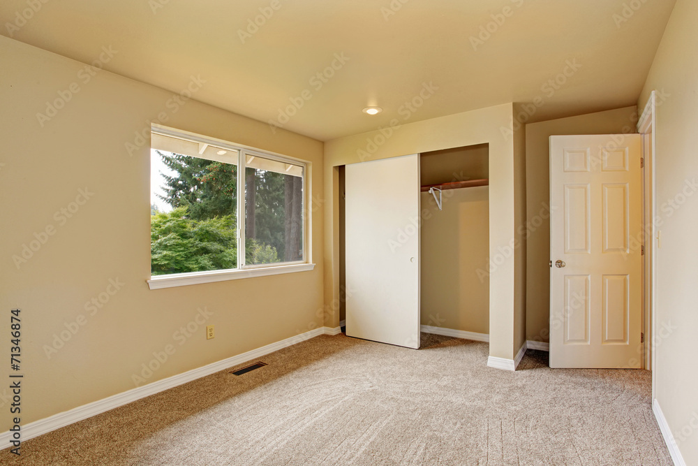 Empty room in soft ivory tones with closet