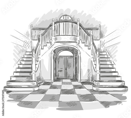 spacious hall and staircase drawing, vector illustration