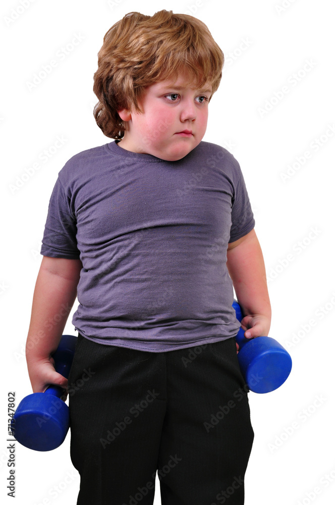 isolated portrait of kid exercising with dumbbells isolated portrait of kid exercising with dumbbells