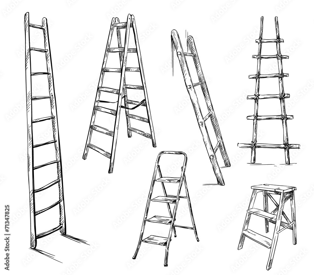 Ladders drawing, vector illustration - obrazy, fototapety, plakaty 