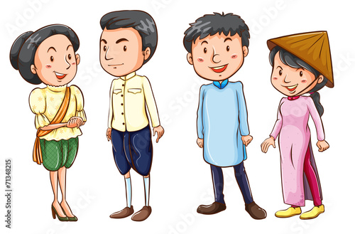Simple coloured sketches of the Asian people