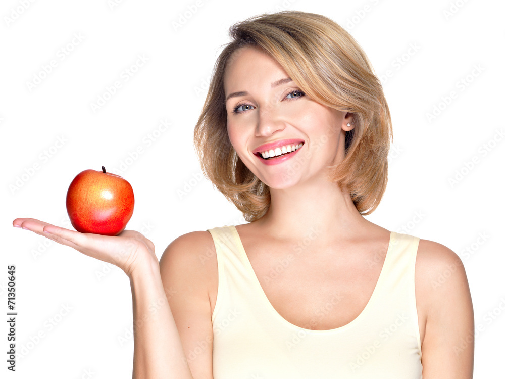 Portrait of a young smiling healthy woman with apple Portrait of a young smiling healthy woman with apple