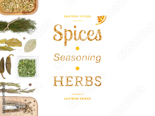 different spices and herbs on white background. top view © 123object_stock