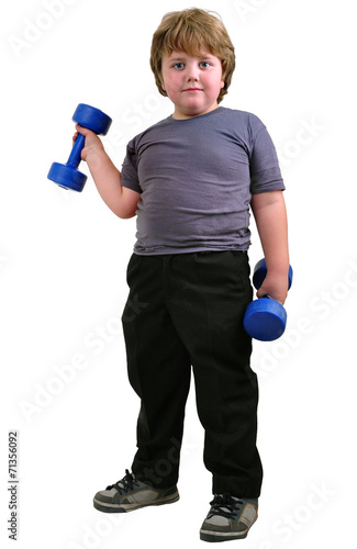 isolated portrait of  boy with dumbbells exercising