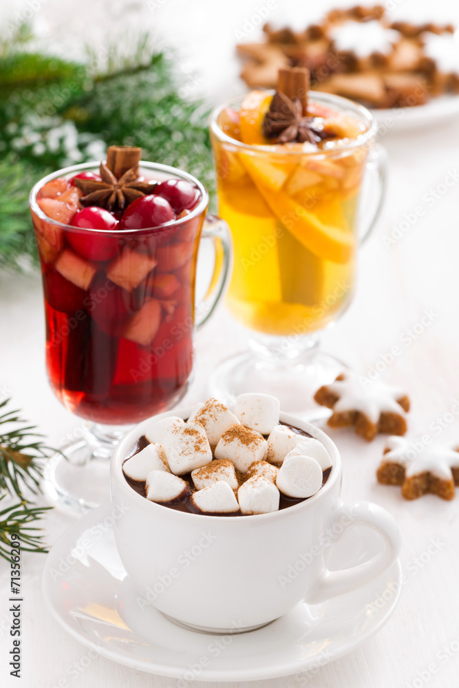 Christmas drinks - hot chocolate with marshmallows, mulled wine Christmas drinks - hot chocolate with marshmallows, mulled wine