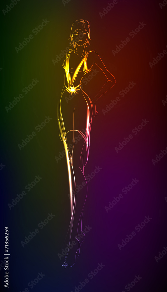 Hand-drawn fashion model from a neon. A light girl's Hand-drawn fashion model from a neon. A light girl's