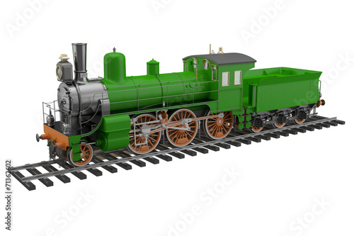 Model of the old green train and rails on a white background