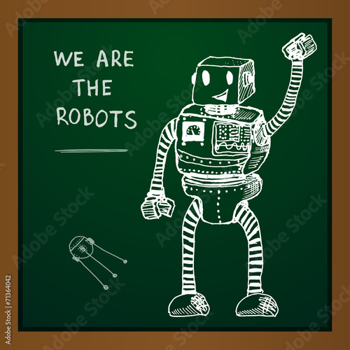 Vector chalk draw robot on blackboard. Eps10