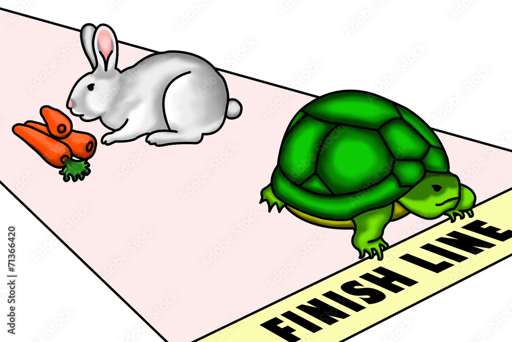 Naklejka premium Eyes on your goal. Turtle vs rabbit race.