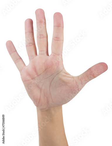Female hand makes number five isolated on white background