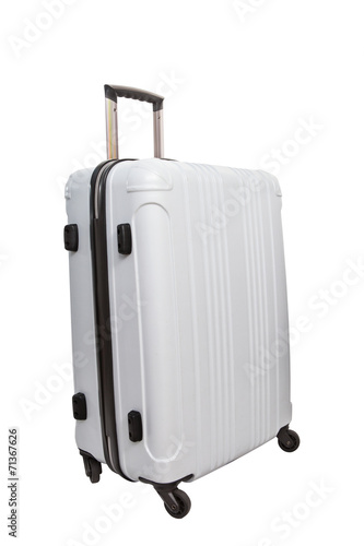 white luggage traveling suitcase isolated white background