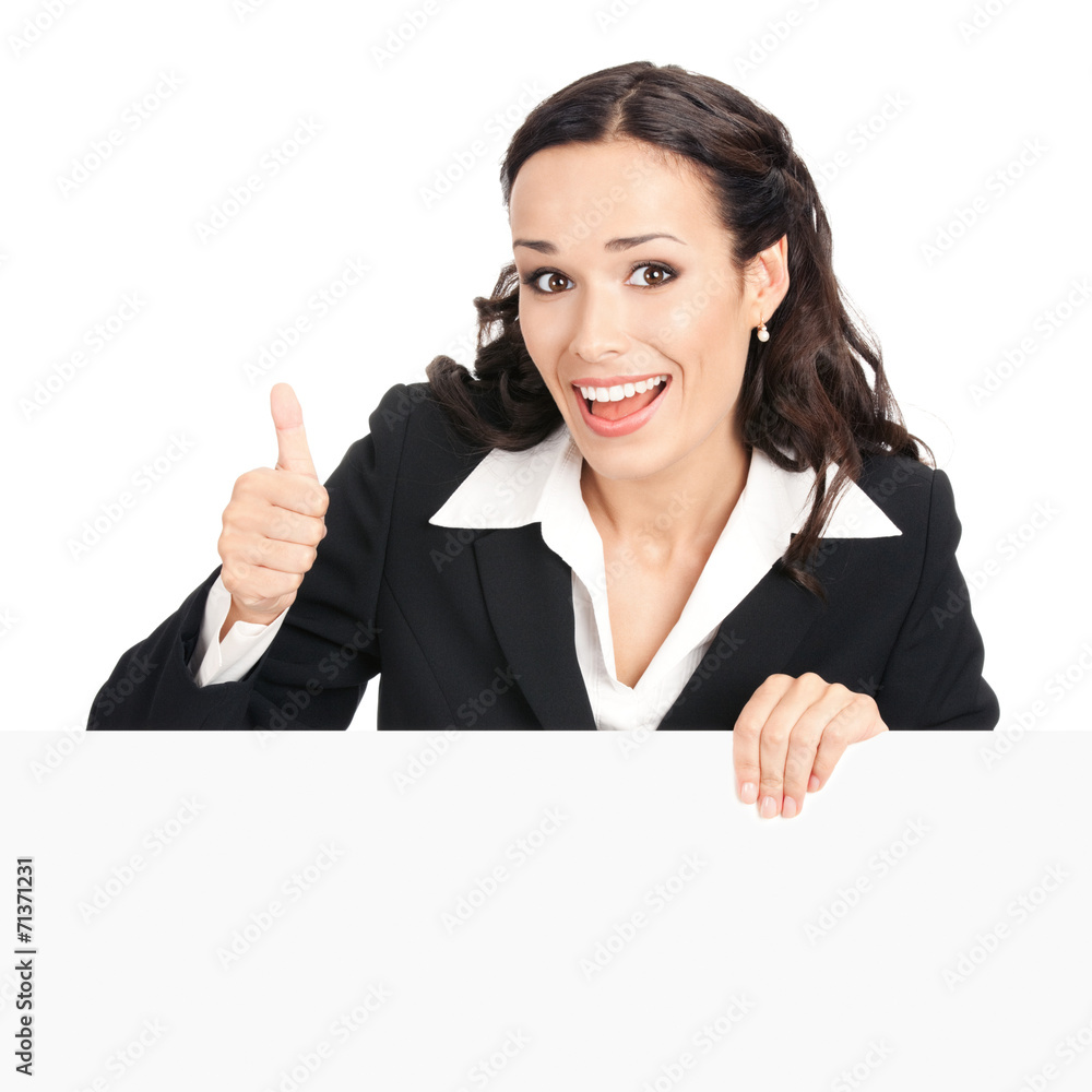 Businesswoman showing blank signboard, isolated Businesswoman showing blank signboard, isolated