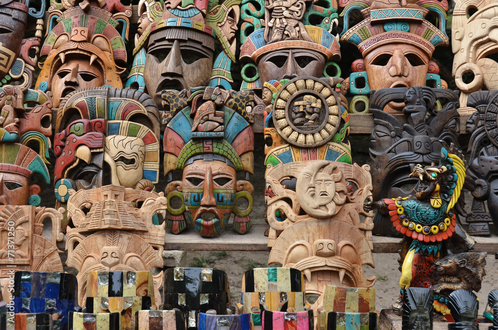 Muliticolored Maya masks - souvenir stall - Chichen Itza – Mexico