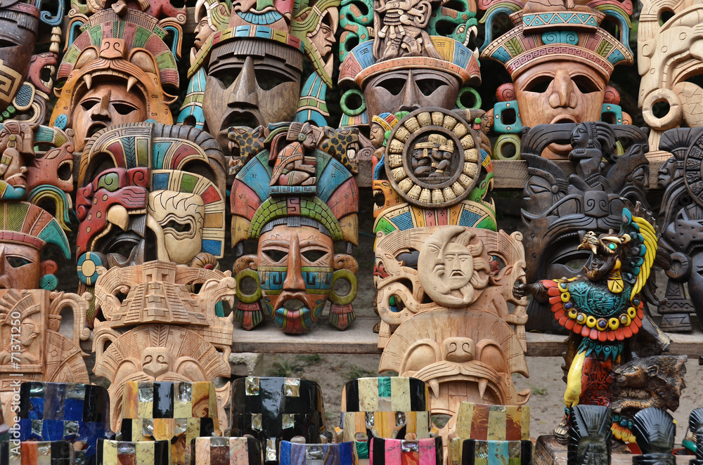 Photography Poster Muliticolored Maya masks - souvenir stall