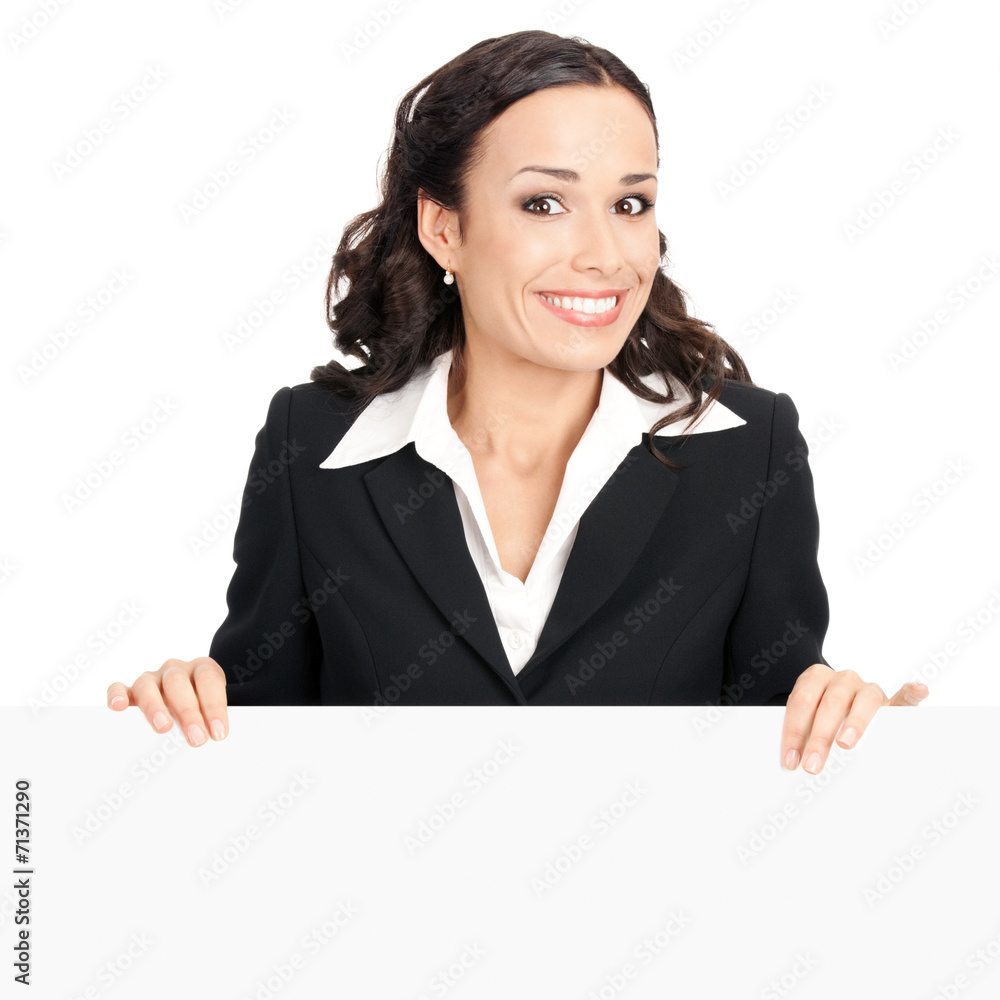 Businesswoman showing blank signboard, on white Businesswoman showing blank signboard, on white