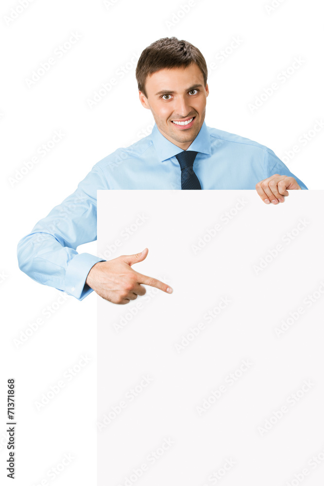 Businessman showing blank signboard, isolated Businessman showing blank signboard, isolated